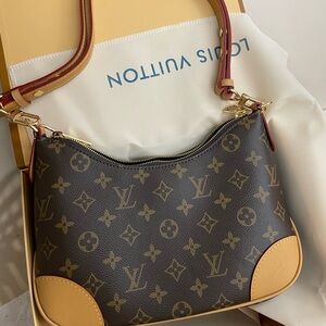 Louis Vuitton Monogram Canvas Shoulder Bag with Tan Trim and Red-Edged Strap